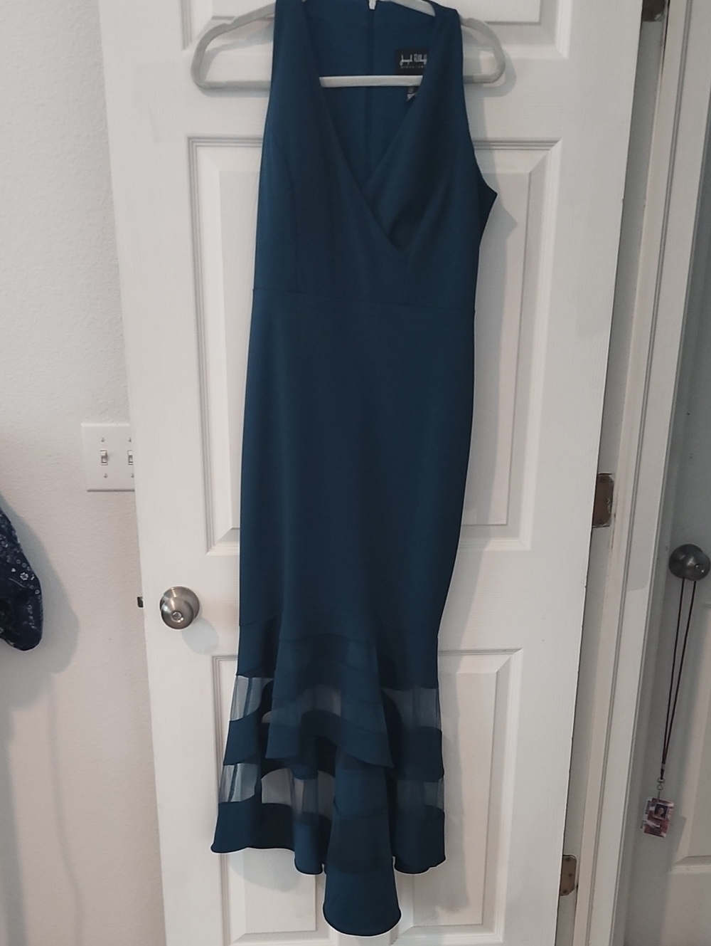 Joseph Ribkoff Teal V-Neck Maxi Dress with Tiered Sheer Hem